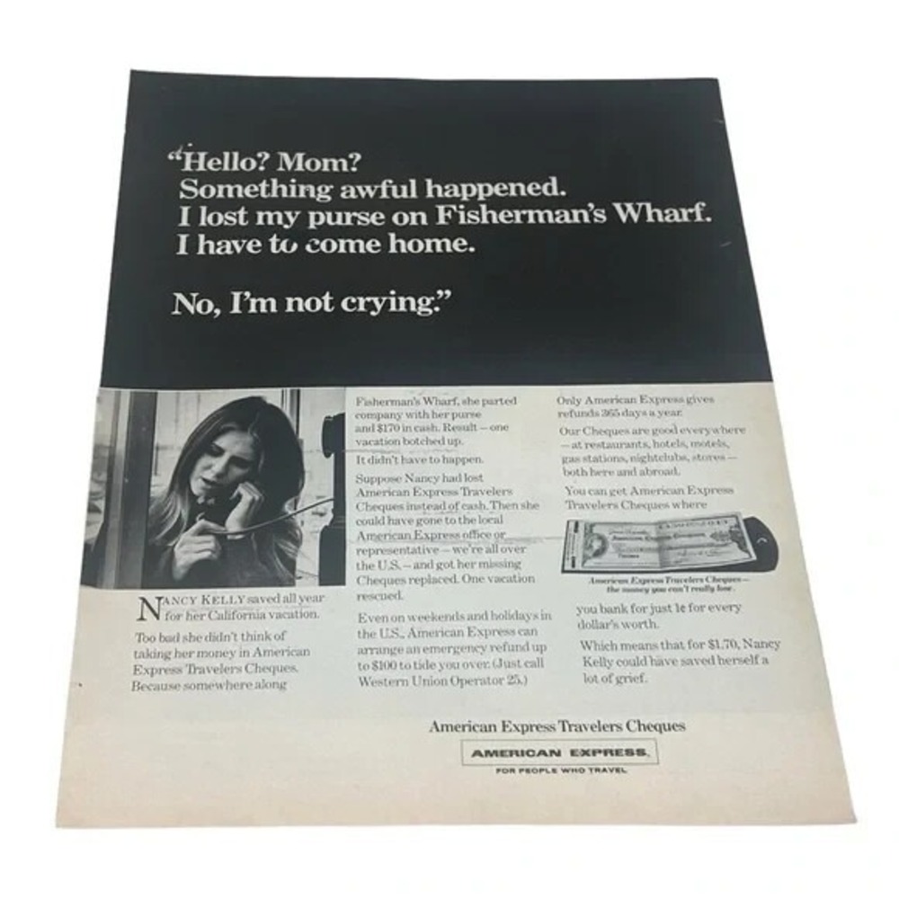 1970 American Express Travelers Cheques Original Vintage Print Ad